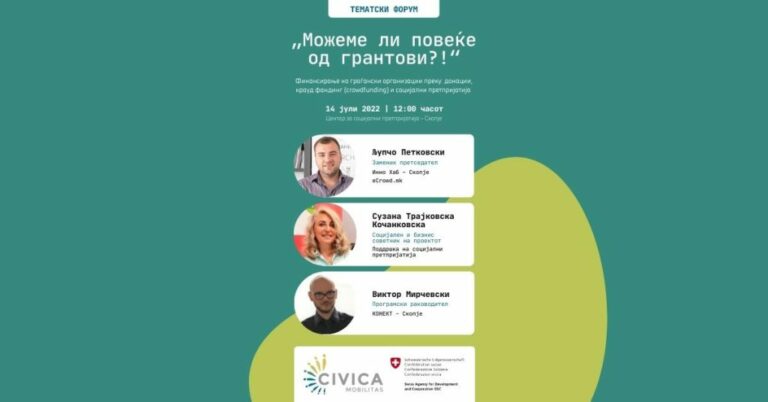Тематски форум на Цивика мобилитас: „Можеме ли повеќе од грантови?!“ – Финансирање на граѓански организации преку: донации, краудфандинг (crowdfunding) и социјални претпријатија